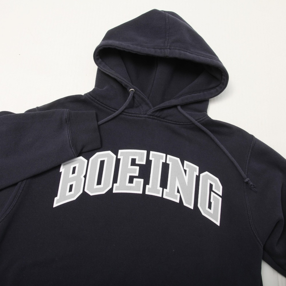 Boeing Hoodie Mens Medium Navy Blue Pullover Fleece Sweatshirt Logo Graphic